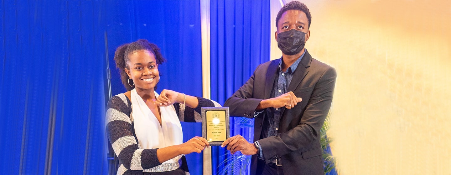 Danelle Julal receiving the 2020 JIE Award for top engineering student at UWI, Mona