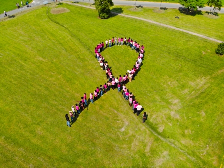 Persons gather on the lawns of the Department of Geology and Geography to form a live pink ribbon.