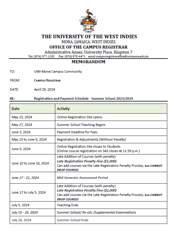 Registration And Payment Schedule MONA