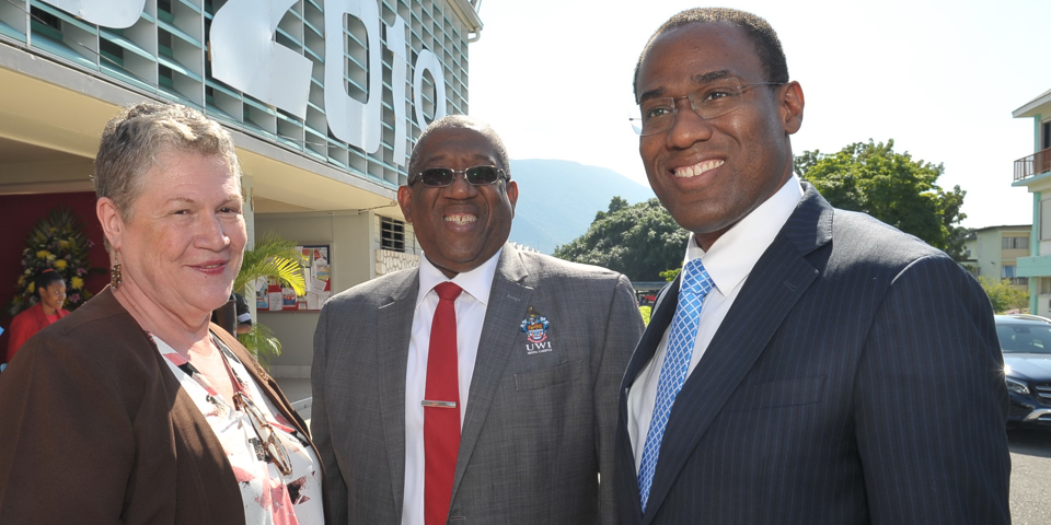 The Principal along with Minister of Finance Nigel A. L. Clarke and Prof. Eldemire Shearer