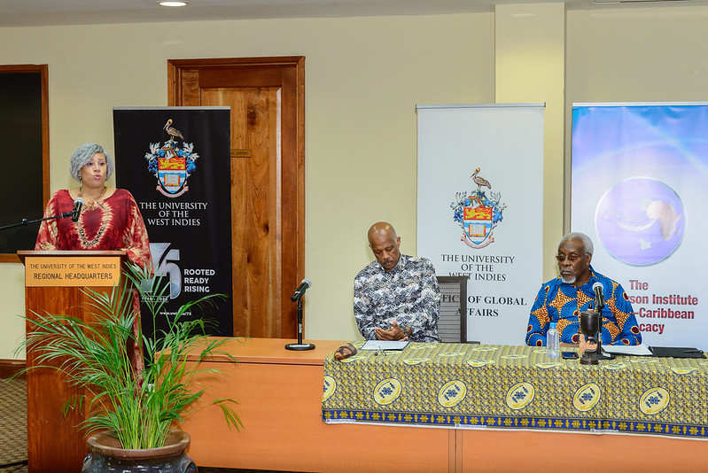 Ms Sandrea Maynard, Pro Vice-Chancellor, Global Affairs at The UWI chairs the Africa-Caricom Day proceedings while Professor Sir Hilary Beckles, Vice-Chancellor, The UWI and the Most Honourable P.J. Patterson, Statesman-in-Residence, The UWI look on from the head table.