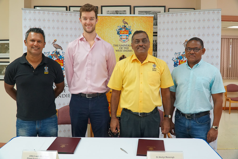 L-R: Project Officer at The UWI Faculty of Sport, Daren Ganga, Jake Lush McCrum, Rajasthan Royals Chief Executive Officer, Dr. Akshai Mansingh, Dean of The UWI Faculty of Sport and Dr. Rudolph Alleyne, Head of The UWI Cave Hill Academy of Sport.