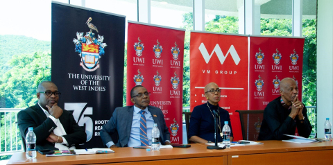 (L-R) Professor Densil A. Williams, Pro Vice-Chancellor and Principal of The UWI, Mona; Mr. Courtney Campbell, President and Chief Executive Officer of the VM Group; Hon. Fayval Williams, Minister of Education and Youth; and Professor Sir Hilary Beckles, Vice Chancellor, The UWI - all engage with guests, attentively absorbing their insights at the Colloquium on Financing Tertiary Education on Wednesday, October 11, 2023. 