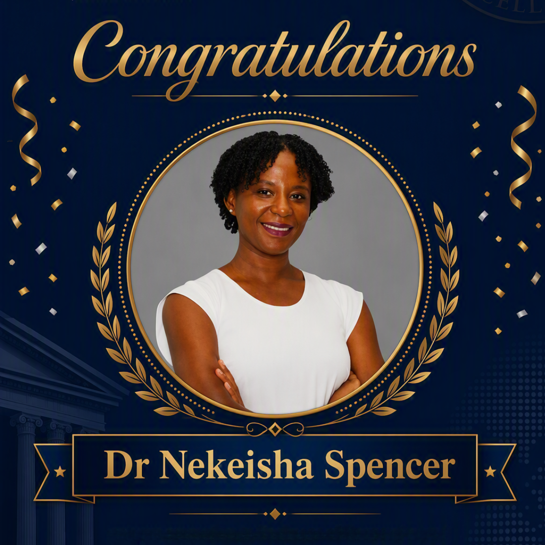 Promotional congratulatory graphic from The University of the West Indies (UWI), Mona Campus, Faculty of Social Sciences. The design features a dark blue background with gold accents, confetti, and laurel wreaths. At the center is a professional portrait of an individual wearing a white top, framed within a circular gold border.