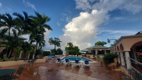 Poolside view of the Cardiff Hotel and Spa