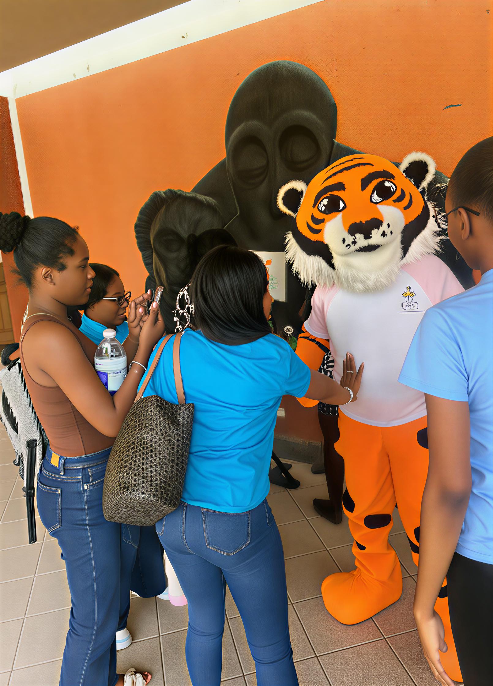 The FSS Tiger Mascot engaging with students during its first campus appearance, spreading school spirit and excitement.